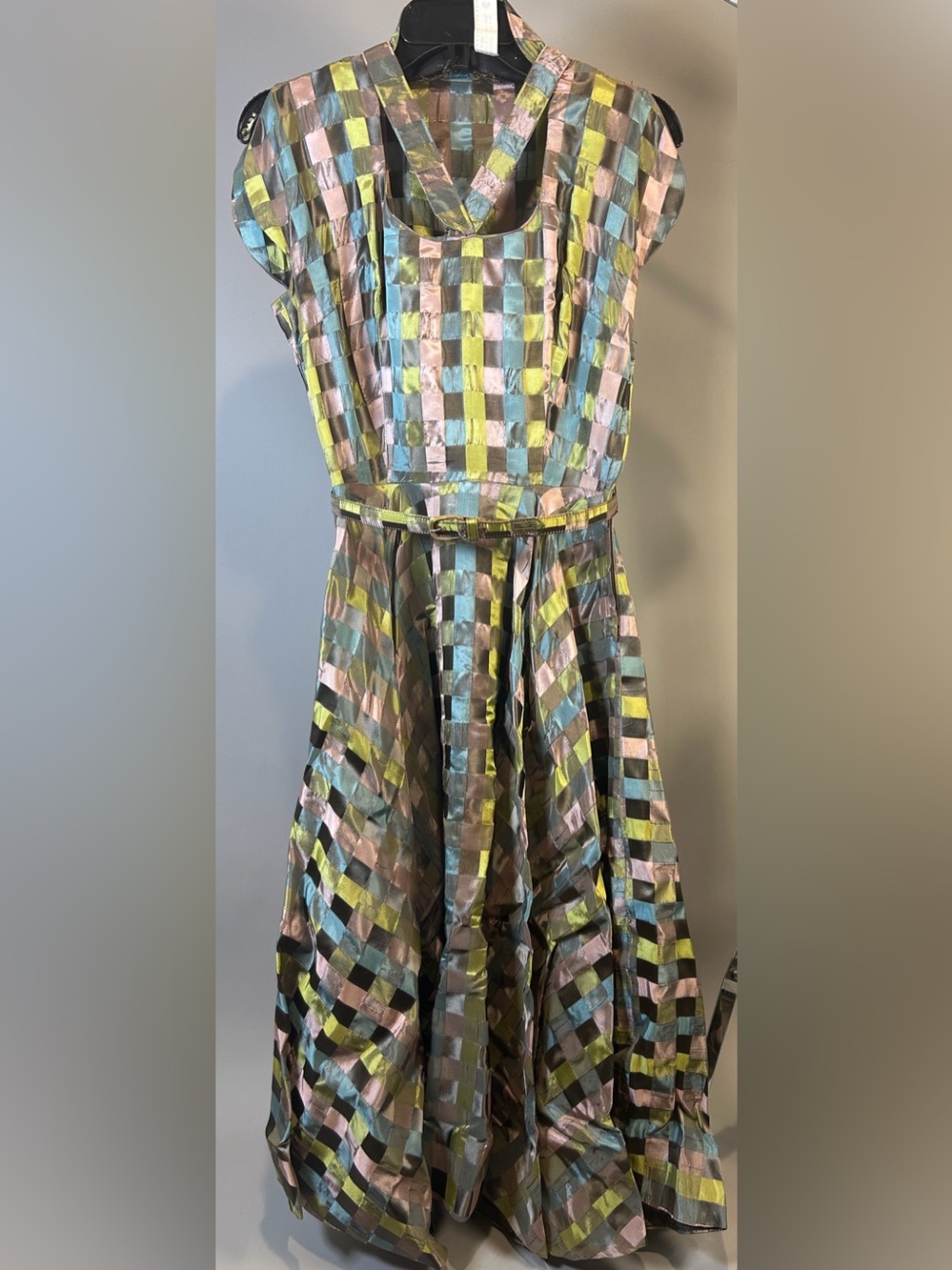 Authentic Vintage 1950s or 1960s Pastel Check Silk Handmade Dress with Belt
